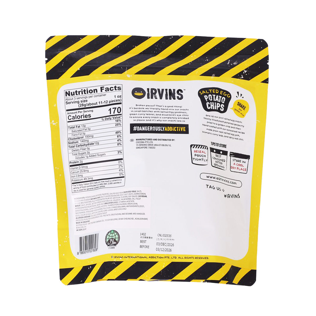 IRVINS salted egg potato chips small bag, nutrition label side with barcode