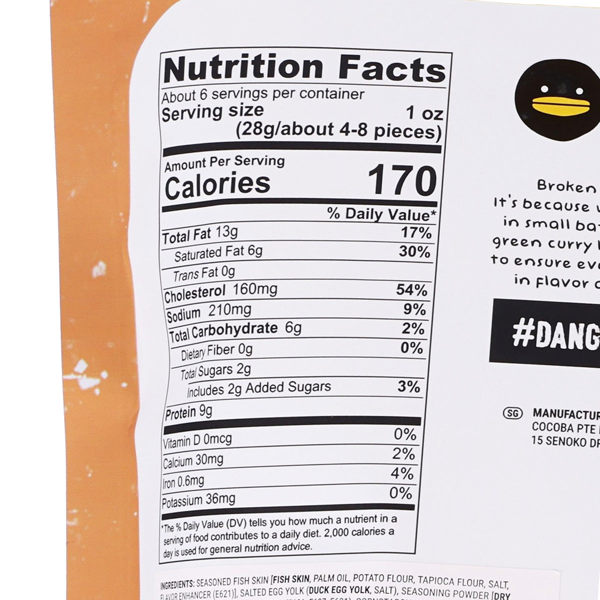 IRVINS salted egg fish skin nutrition facts label, 170 calories