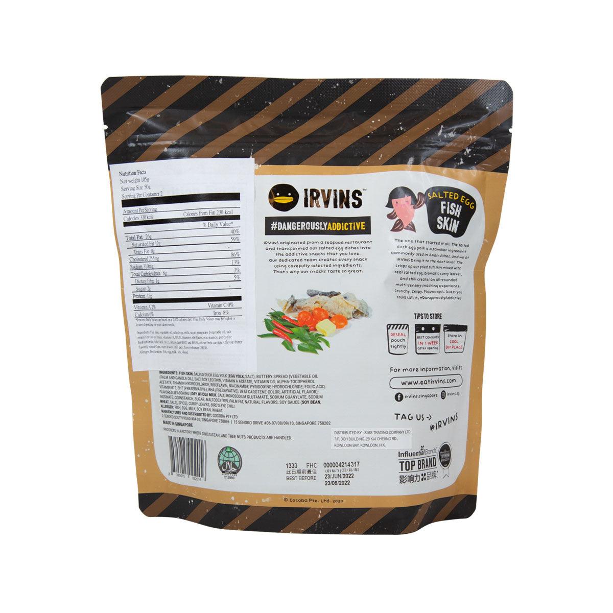 IRVINS salted egg fish skin snack pouch, back with ingredients and barcode