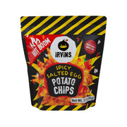 IRVINS Spicy Salted Egg Potato Chips bag, front label with fiery chip graphics