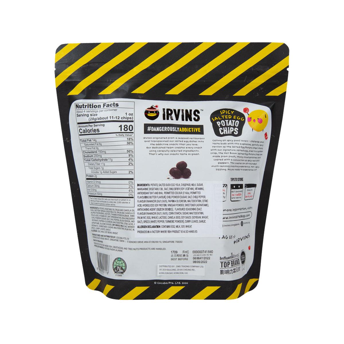 IRVINS Spicy Salted Egg Potato Chips bag, back with nutrition facts and ingredients