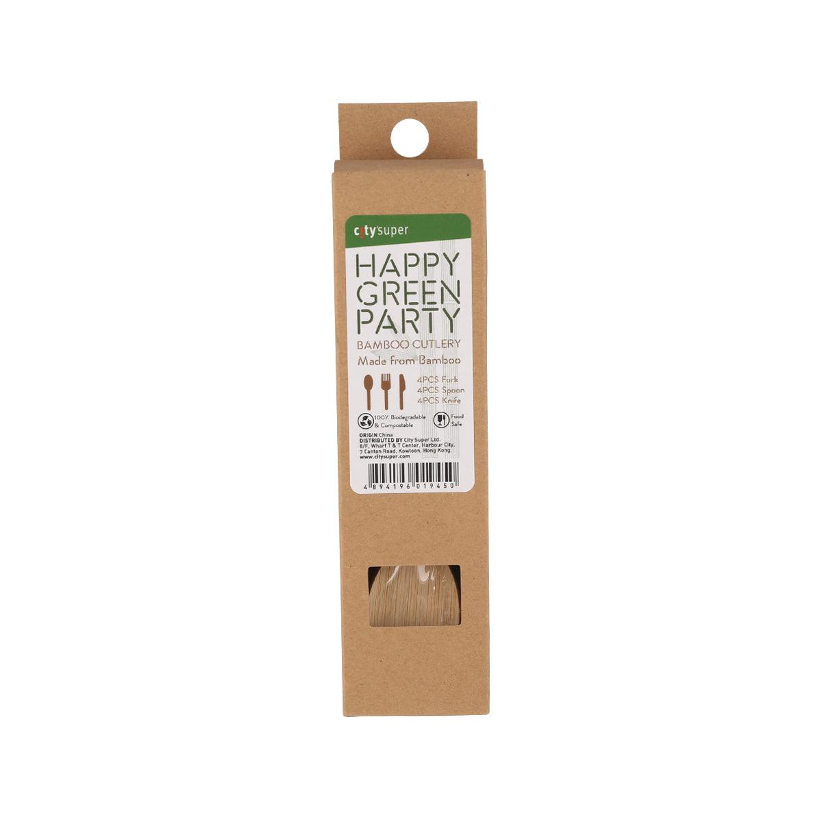 Bamboo fork, spoon, and knife cutlery set in kraft packaging for 4 sets