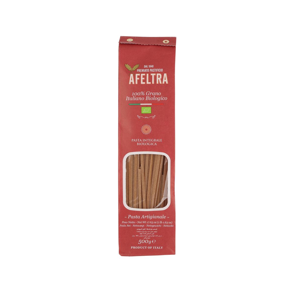 Organic whole wheat linguine pasta, 500g pack, front view (AFELTRA).
