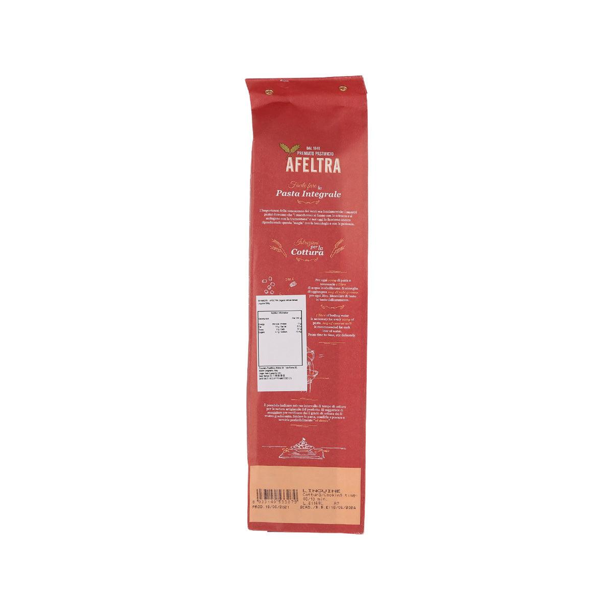 Organic whole wheat linguine pasta, 500g pack, back label view (AFELTRA).