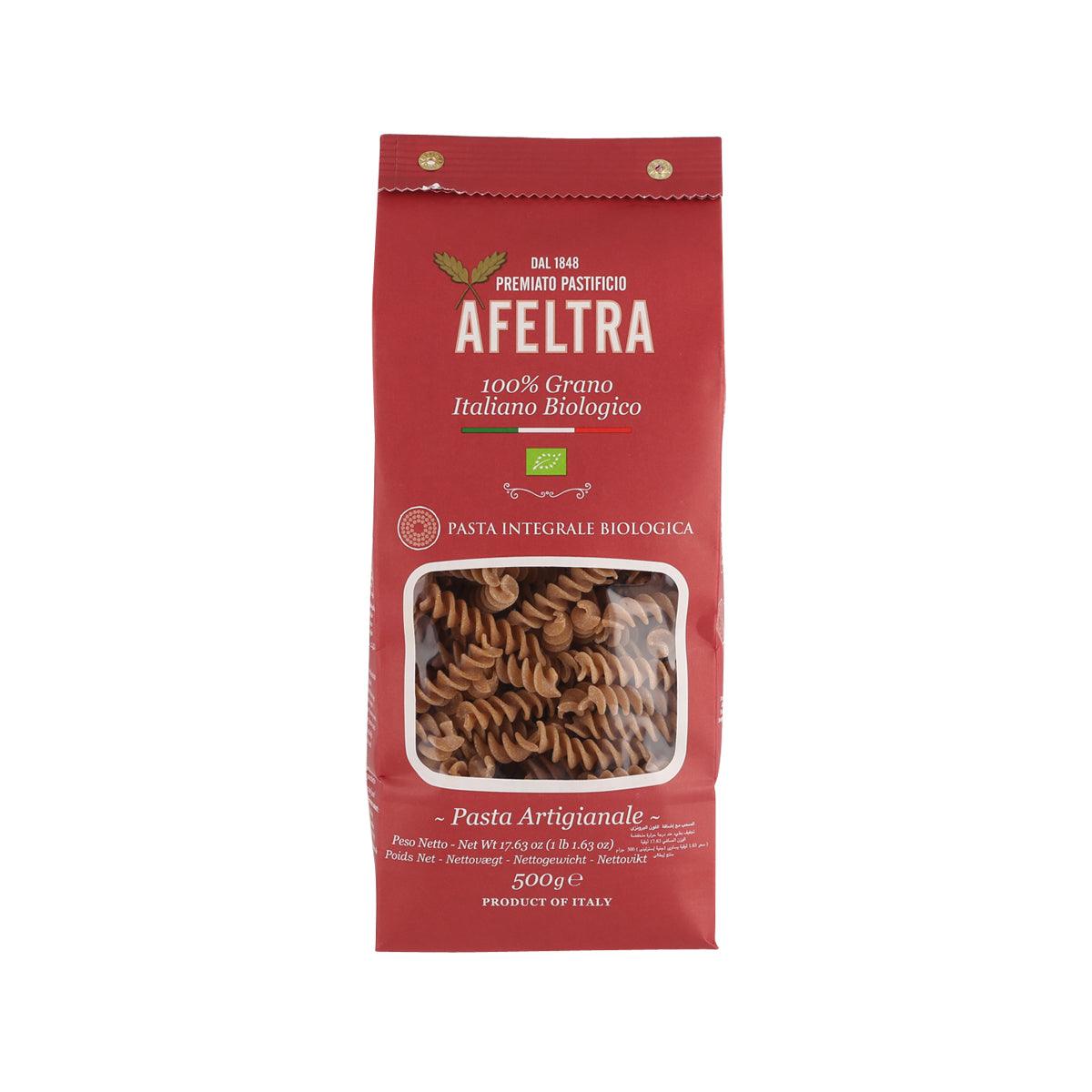 Organic whole wheat tortiglione pasta bag with clear window and red packaging