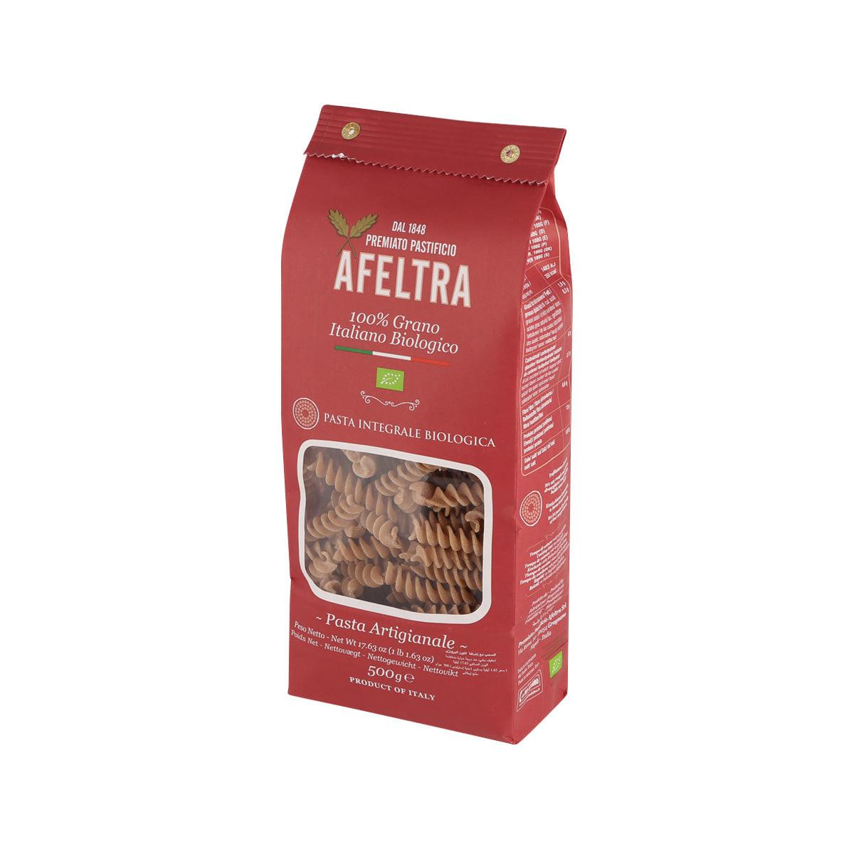 Organic whole wheat tortiglione pasta bag, red, with clear window and side text