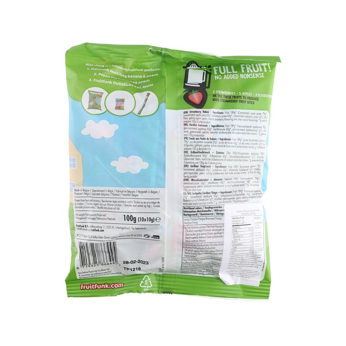 Peppa Pig Fruit Funk crispy strawberry multibag, back of green-and-blue snack pouch