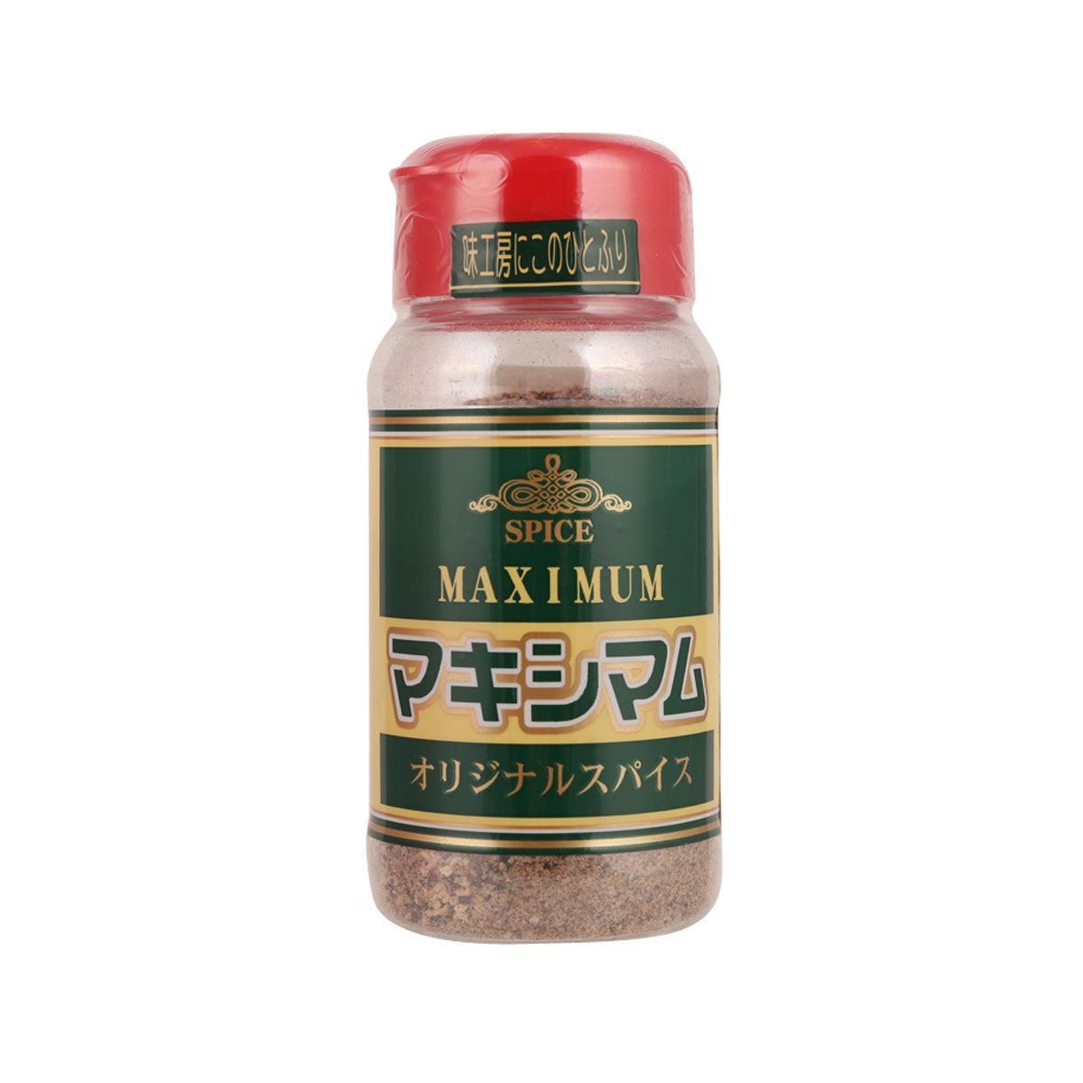 Maximum spice seasoning bottle with red cap and green label, original