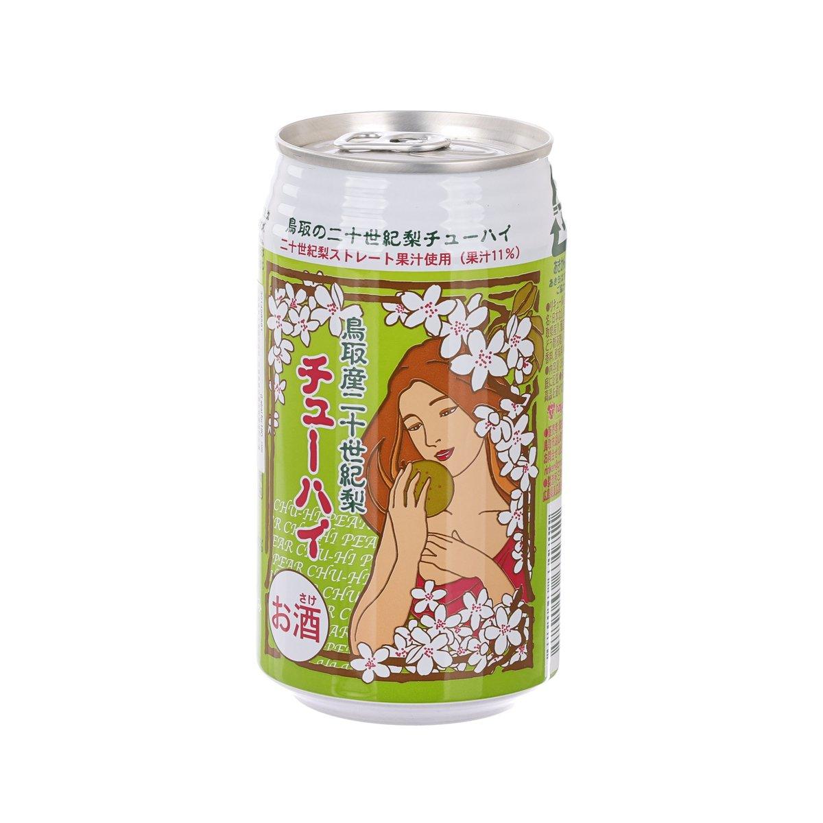 Pear shochu highball can, woman illustration with cherry blossoms, green label, pop-top lid