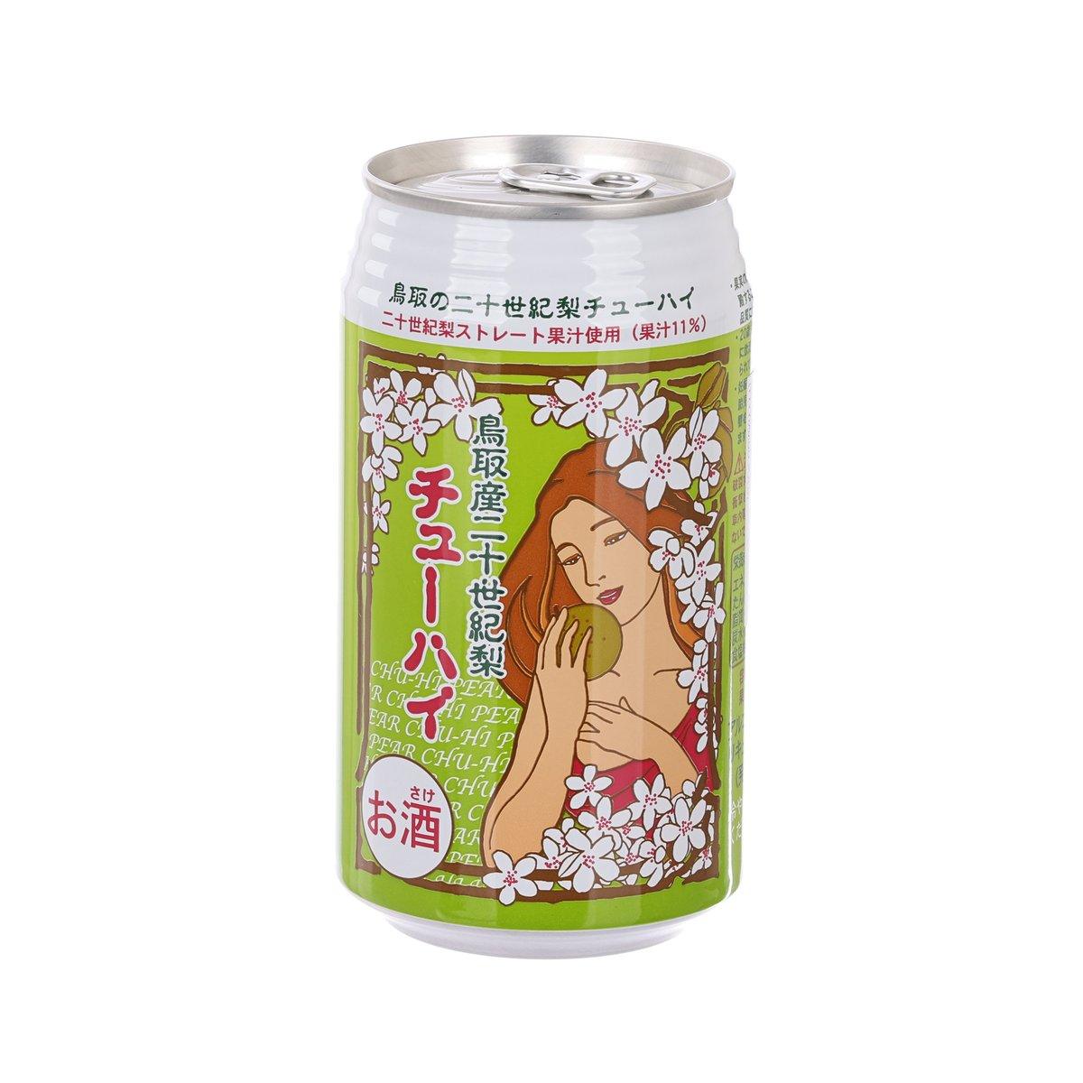 Pear shochu highball can with illustrated woman, flowers, green label, metal pop-top lid