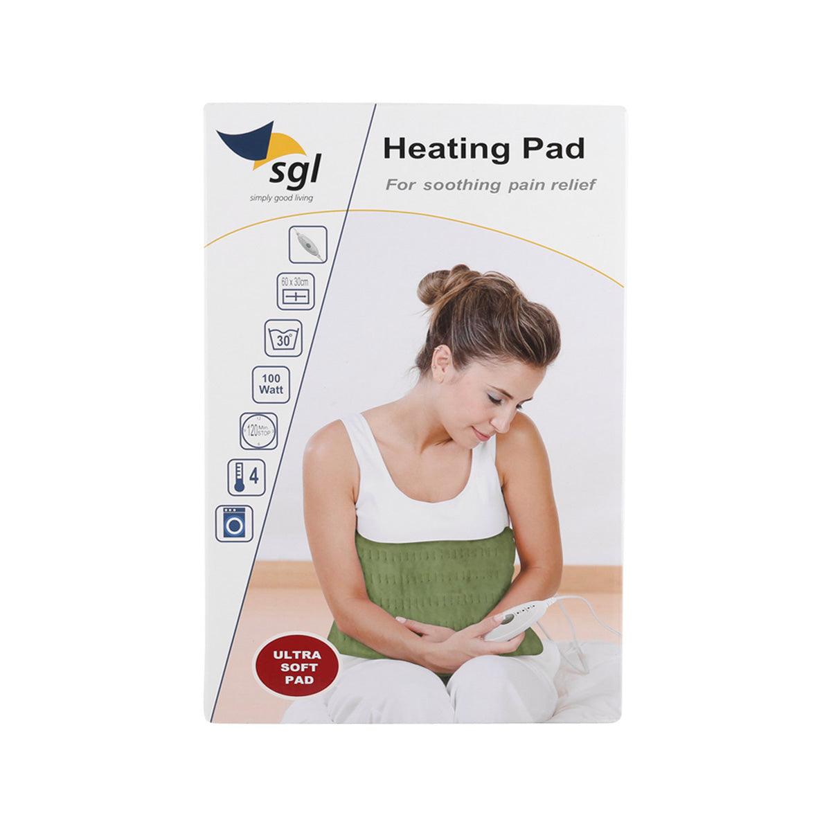 Washable heating pad in retail package with soft pad and heating settings icons