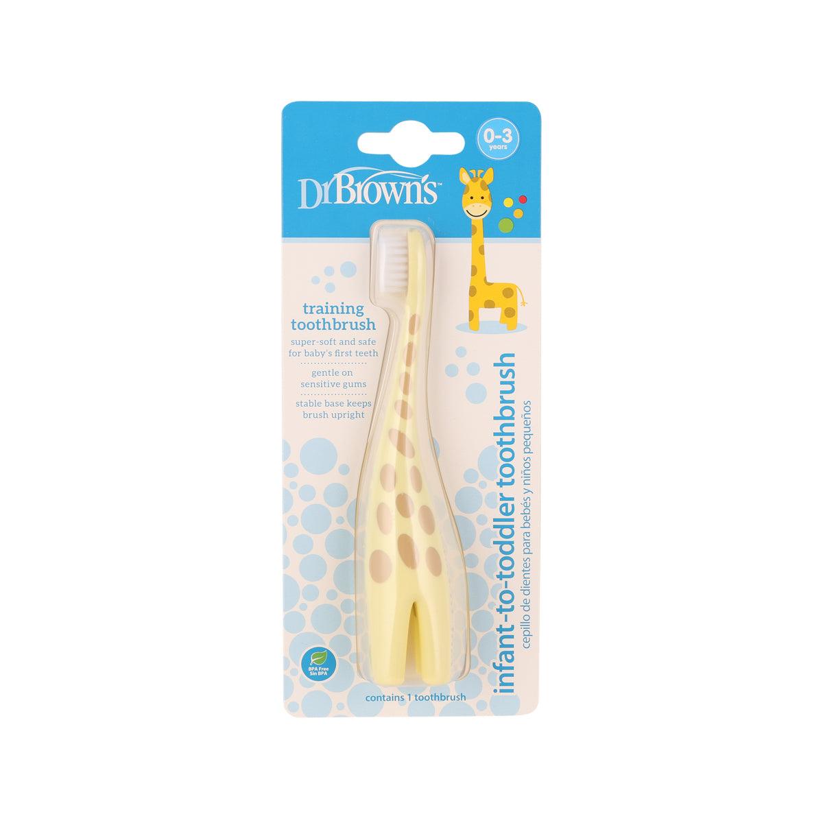 Infant-to-toddler training toothbrush in giraffe-themed package, yellow bristles