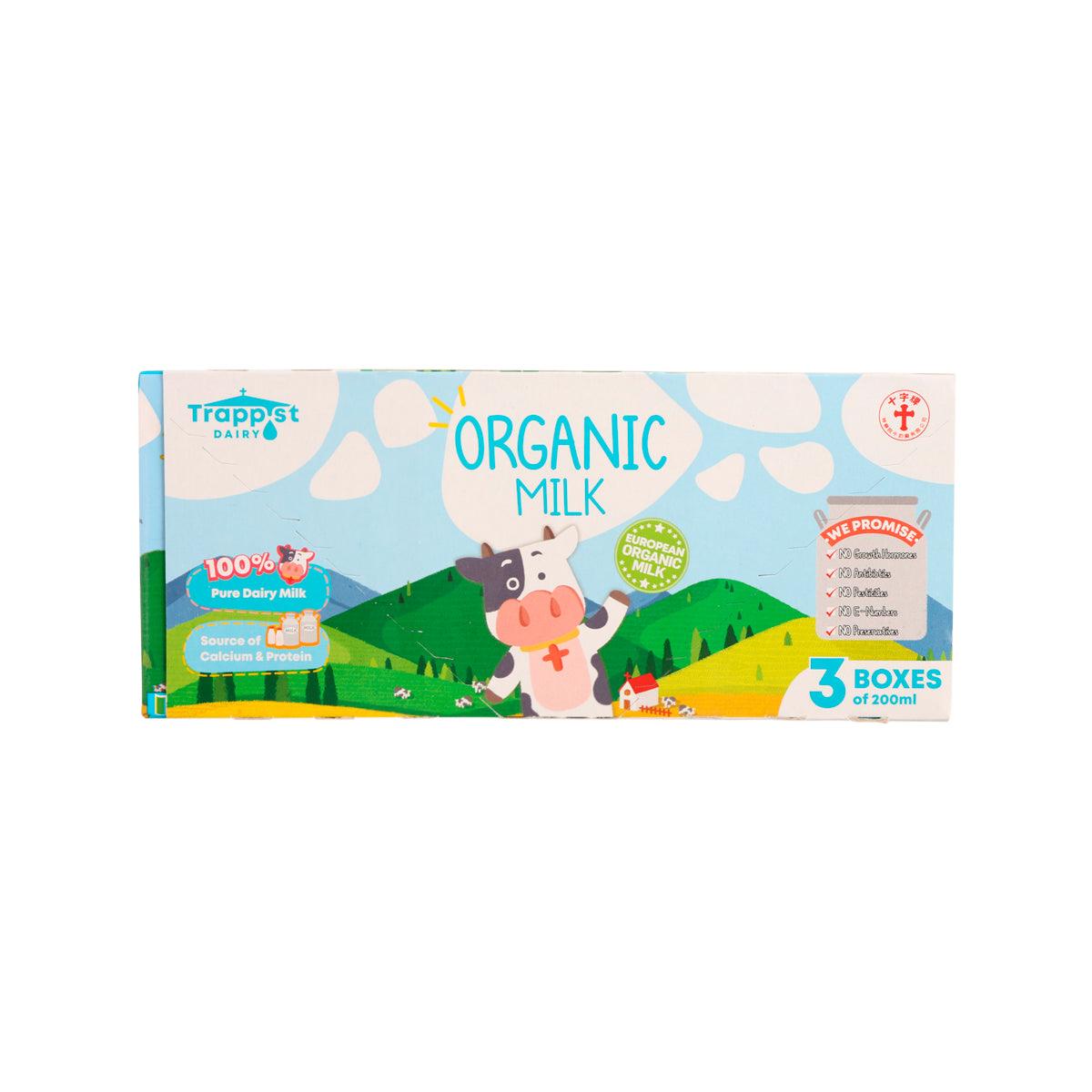 TRAPPIST organic milk 3-pack, 200 mL cartons, front package with colorful farm graphics