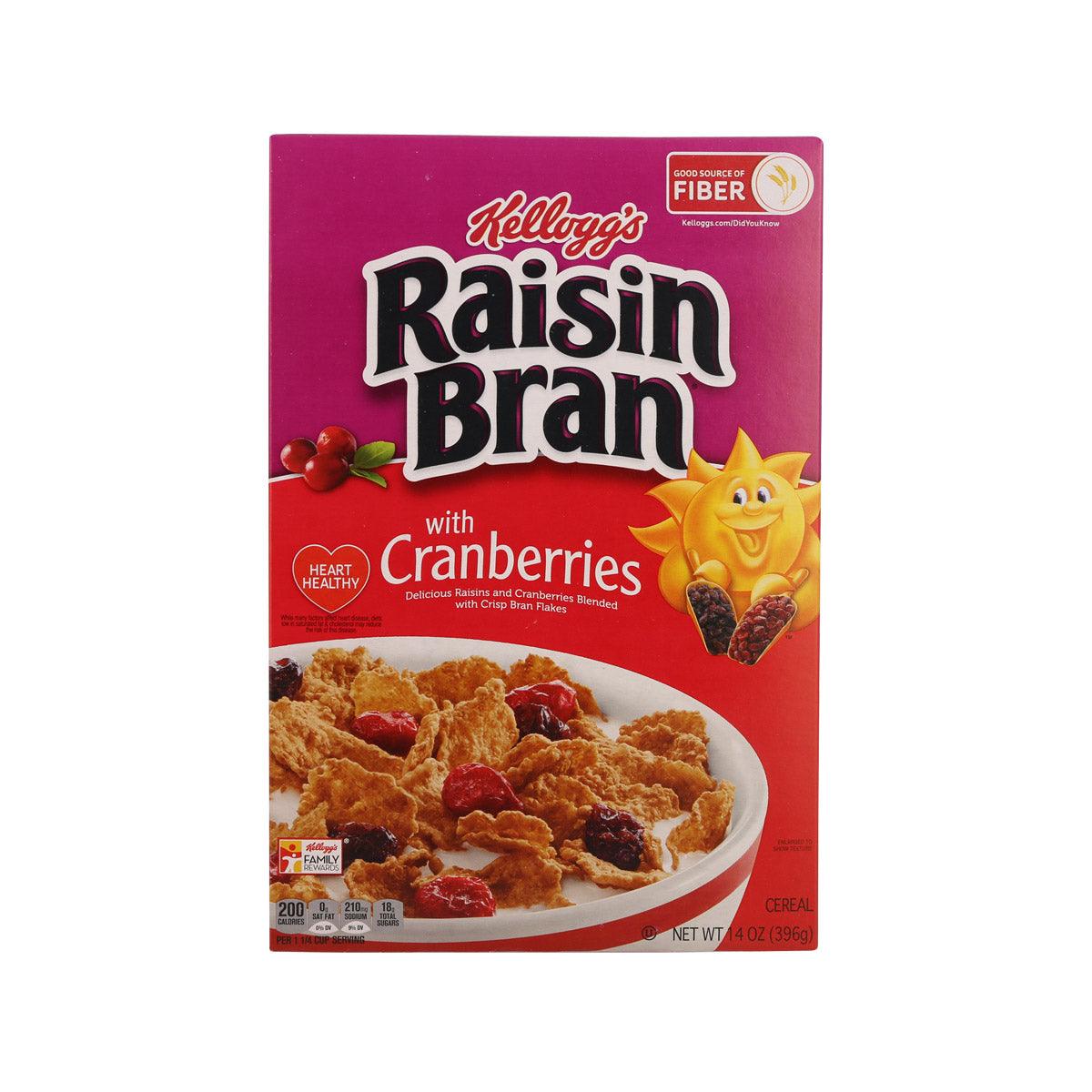 Kellogg's Raisin Bran with Cranberries cereal box, front panel in red and maroon