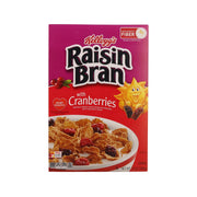 Kellogg's Raisin Bran with Cranberries cereal box, front panel in red and maroon