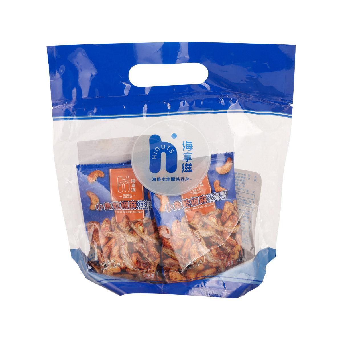 Chili dried fish and cashew snack in blue stand-up pouch