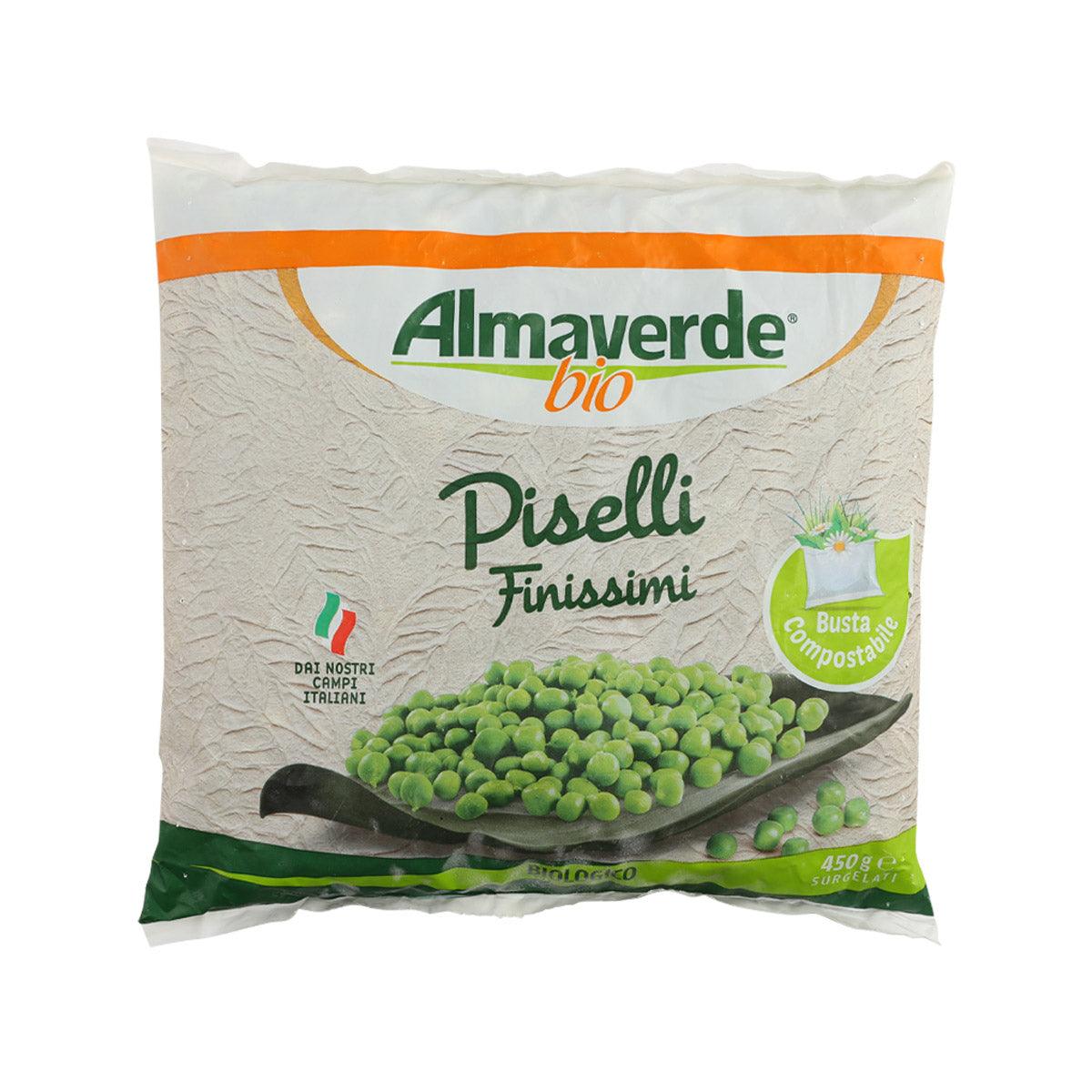 Almaverde bio organic extra fine peas bag, green pea kernels on front
