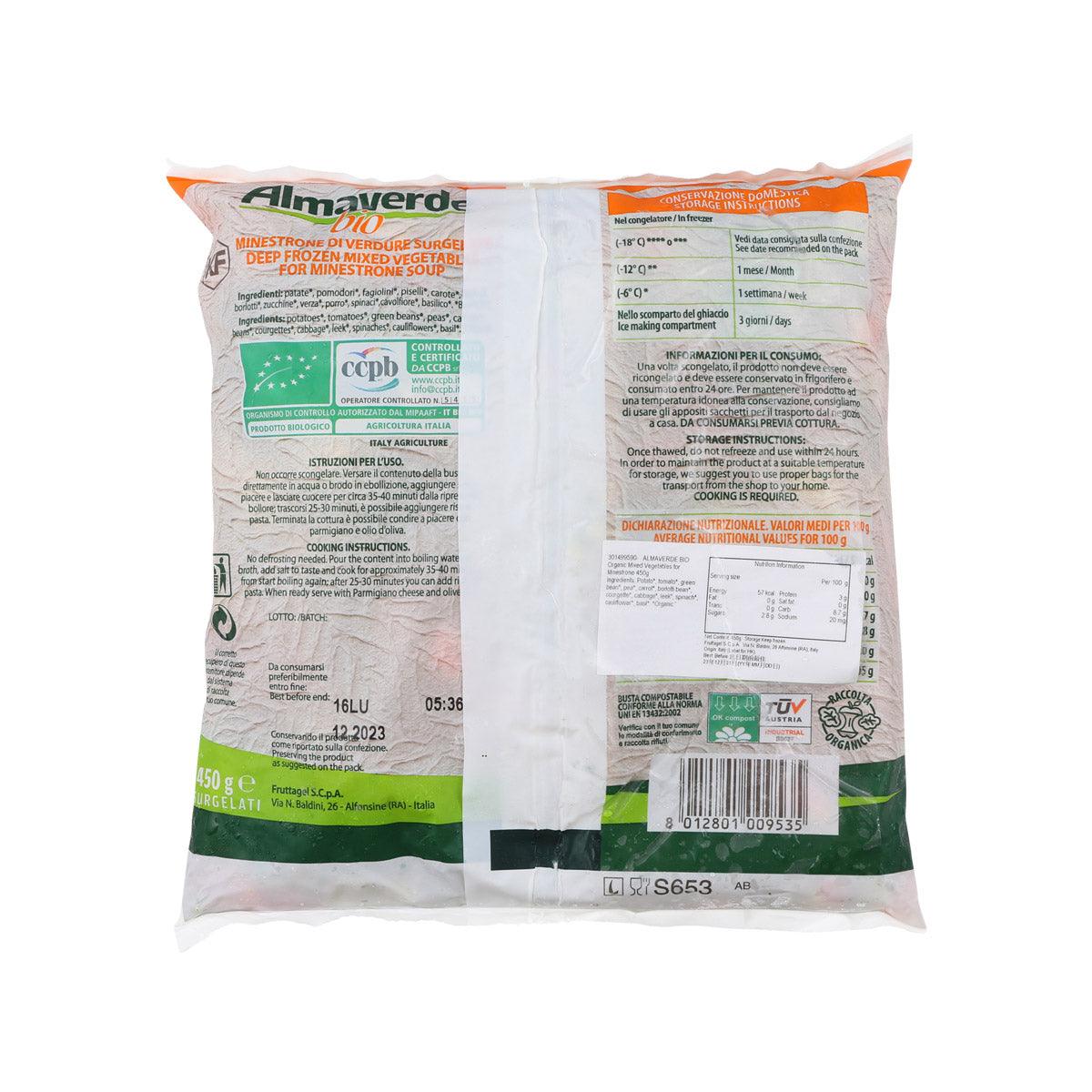 ALMAVERDE BIO minestrone vegetable mix pouch, back label, 450 g