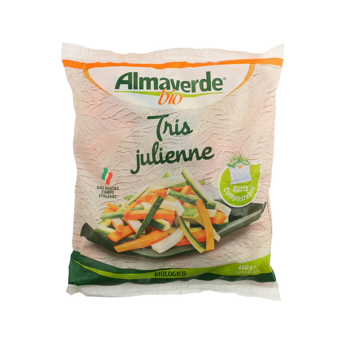 Almaverde Bio julienne trio mixed vegetables bag, 450g, julienne strips in green, orange, white