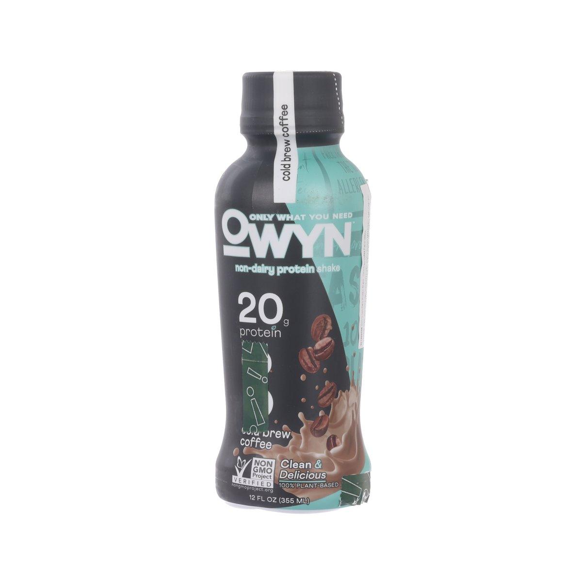 OWYN plant based protein drink bottle, turquoise with black cap; cold brew coffee flavor.
