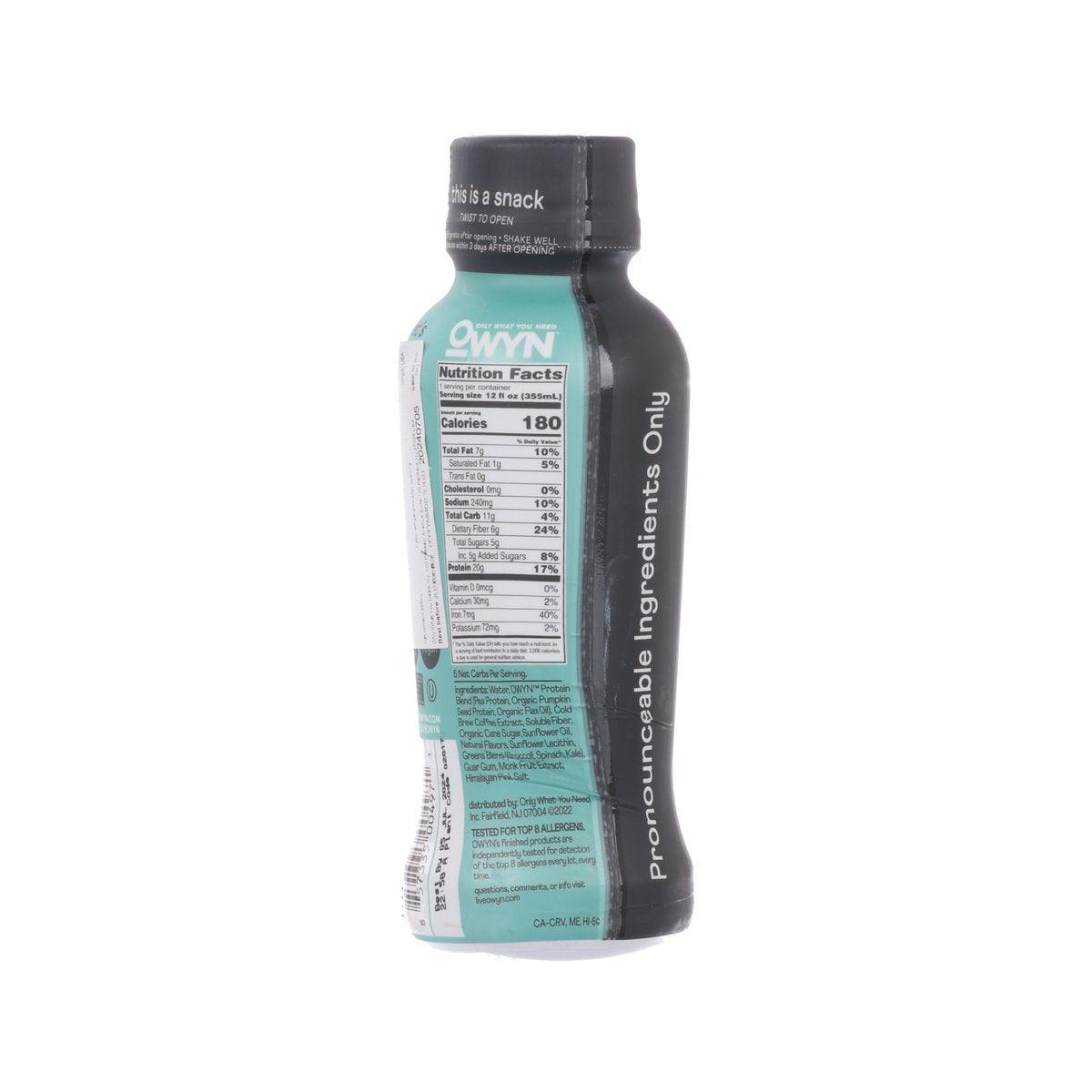 OWYN plant based protein drink bottle, nutrition facts panel on turquoise bottle; black cap.