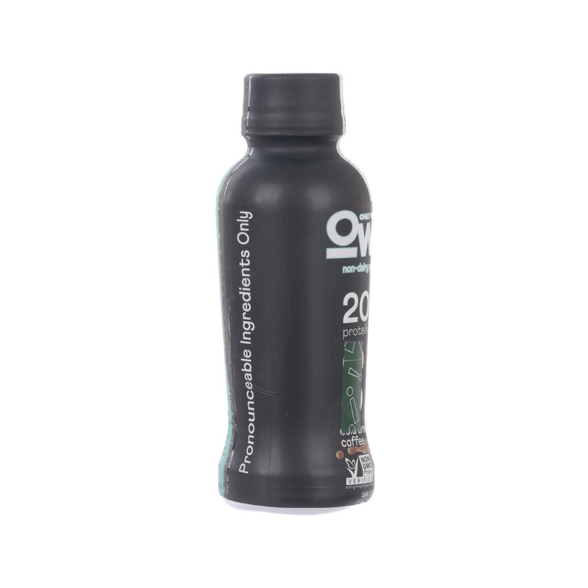 OWYN plant based protein drink bottle, side view with black label panel; turquoise base, black cap.