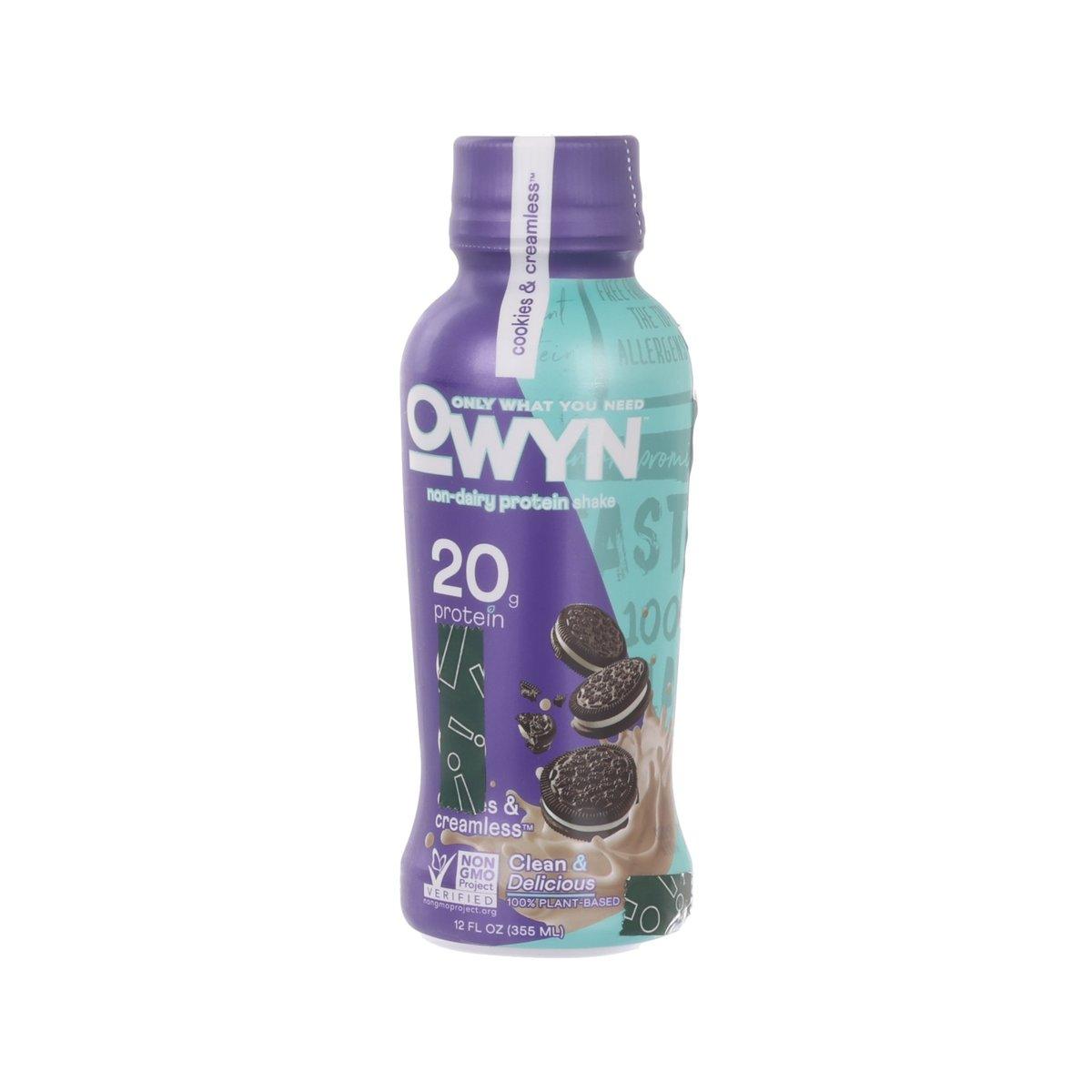 OWYN cookies & cream protein shake PET bottle, front view, 355 mL