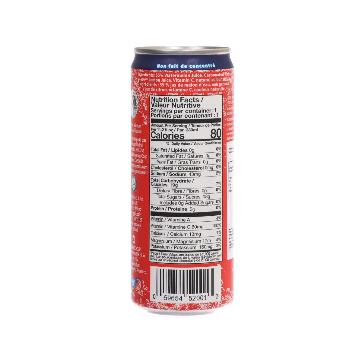 BLUE MONKEY sparkling watermelon juice drink can, back nutrition facts panel, 330 mL