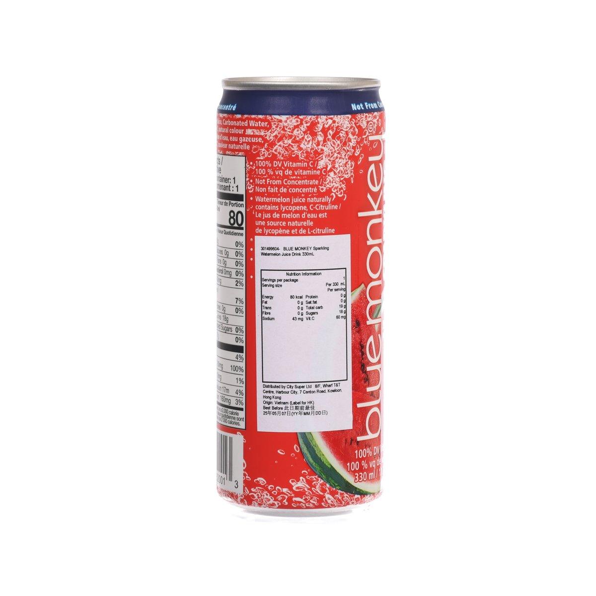 BLUE MONKEY sparkling watermelon juice drink can, side panel nutrition text, 330 mL