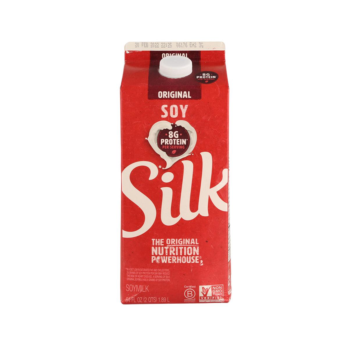 Silk Original soy milk carton, 1.89L, red with white cap.