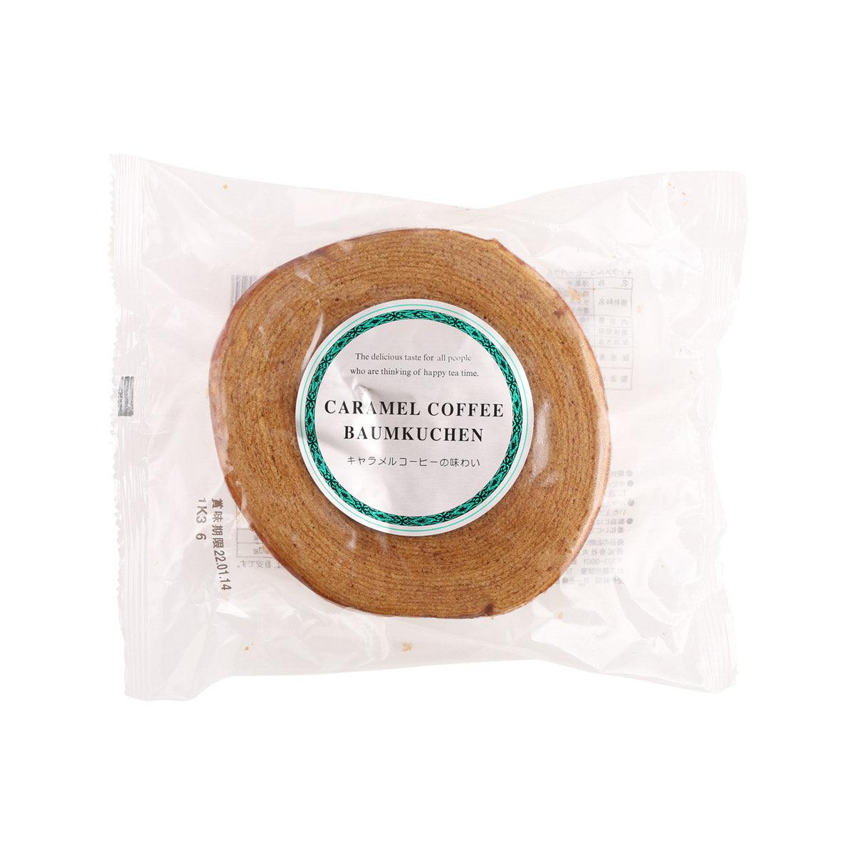 Caramel coffee baumkuchen cake in caramel-brown round packaging label