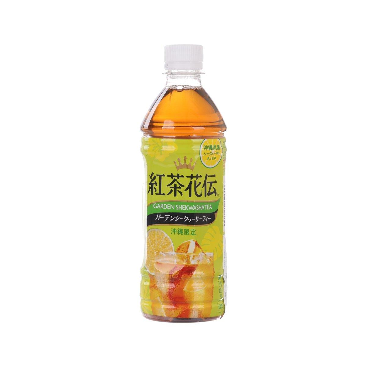 KOCHA KADEN Garden Shekwasha tea bottle, 500 mL, amber drink with fruit pieces