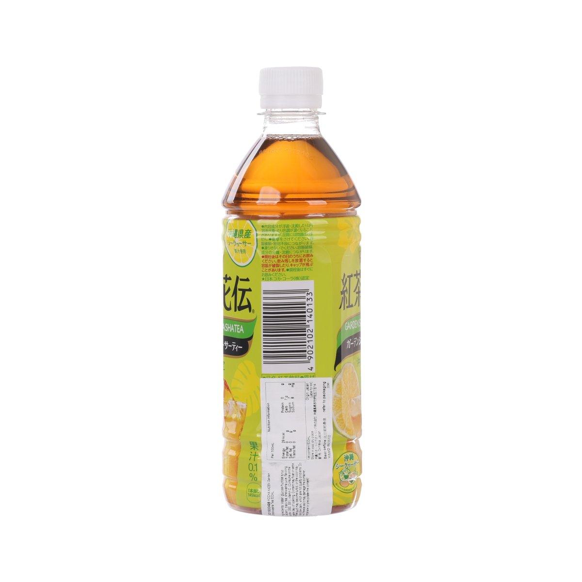 KOCHA KADEN Garden Shekwasha tea bottle, 500 mL, back label with barcode