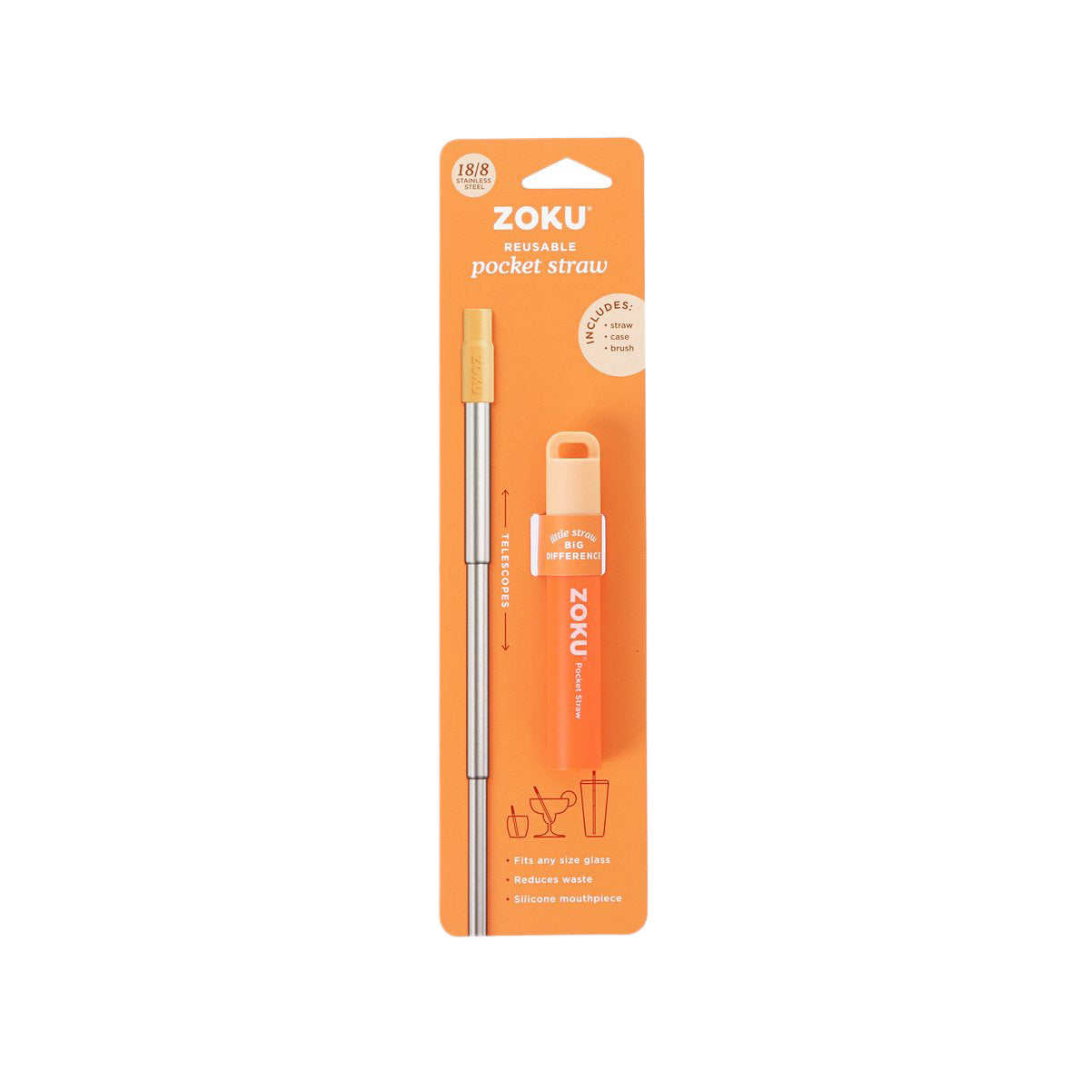 ZOKU orange two-tone pocket straw with flip lid, in retail blister packaging