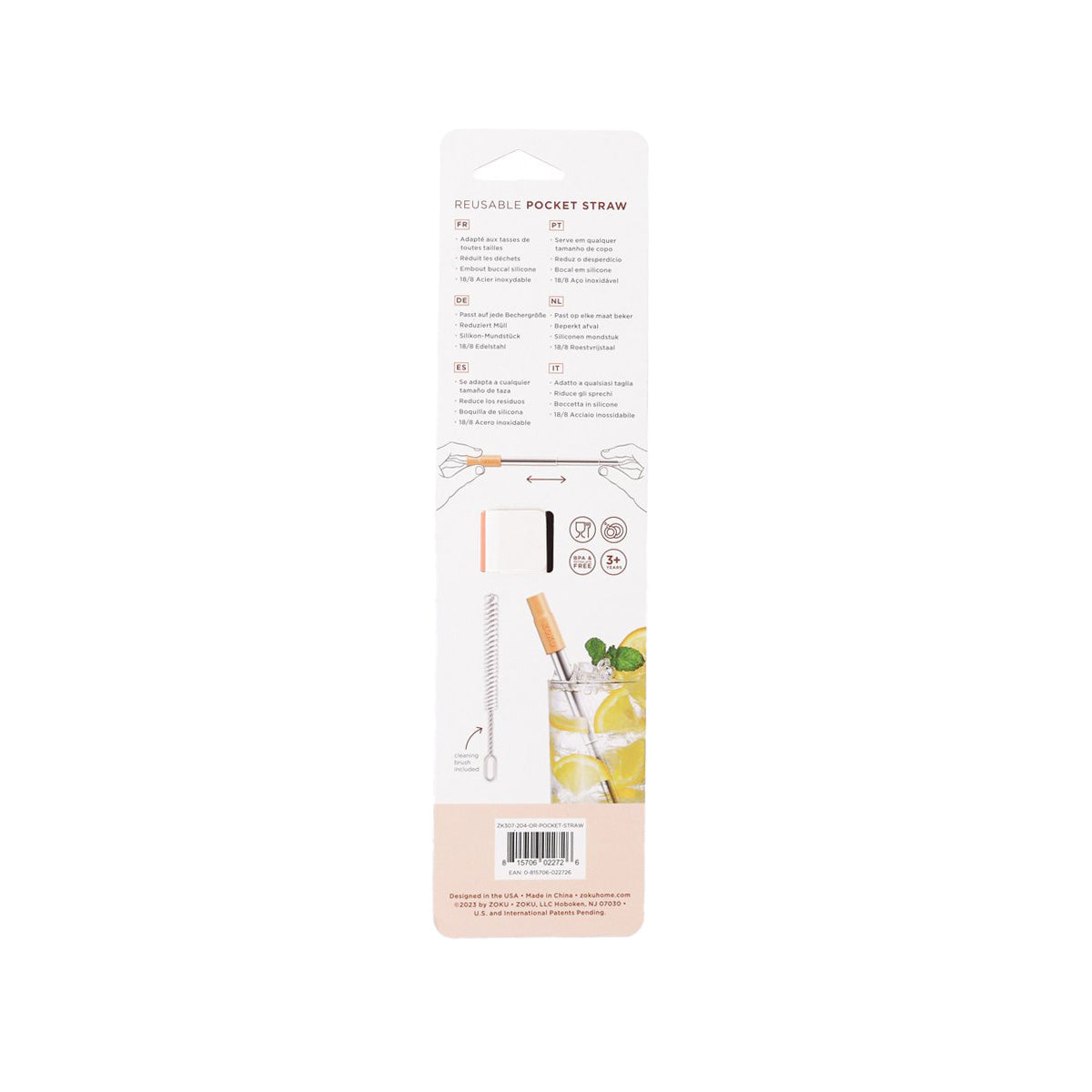 ZOKU pocket straw orange two-tone, shown on back of package with usage icons