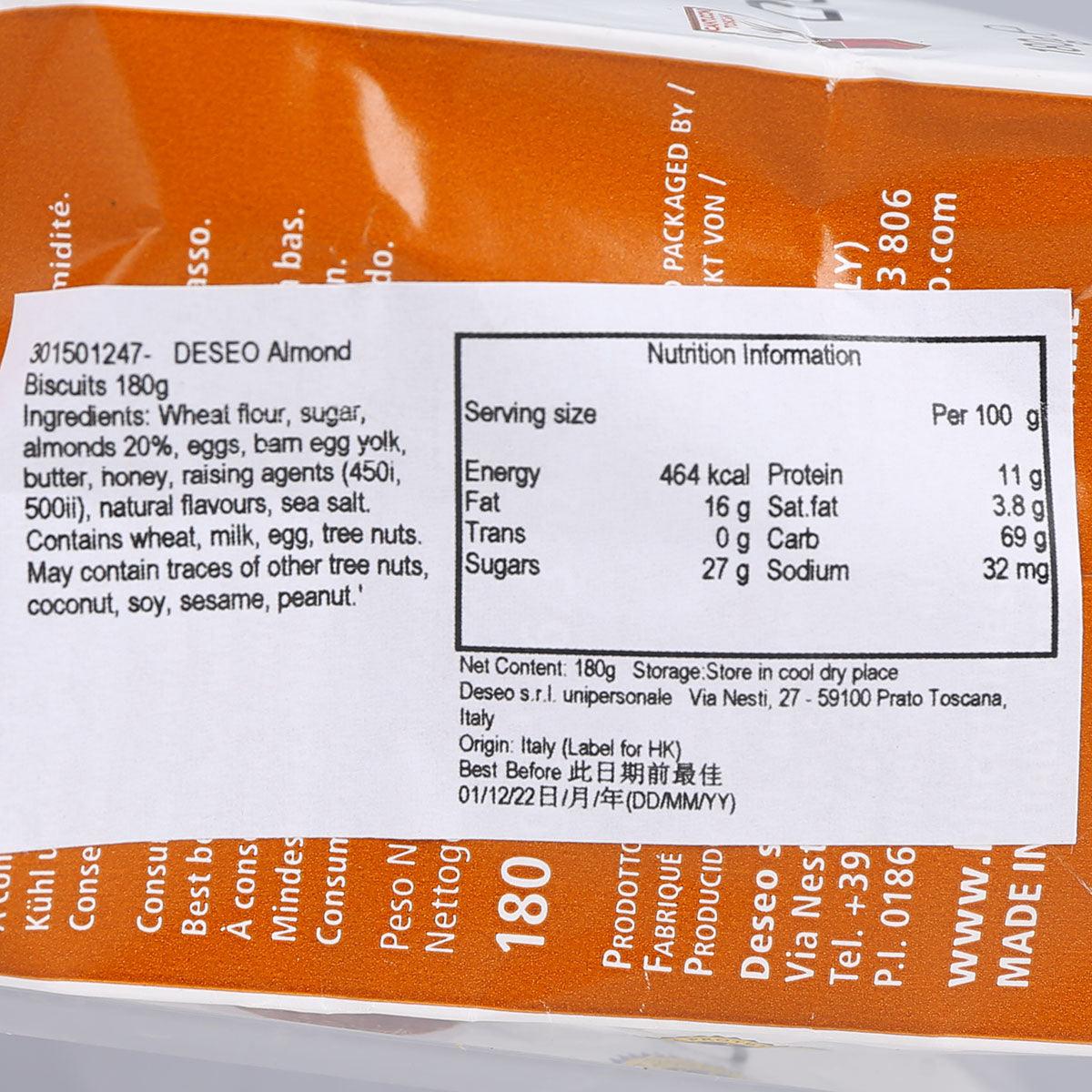 DESEO almond biscuits nutrition label on orange bag, net 180g