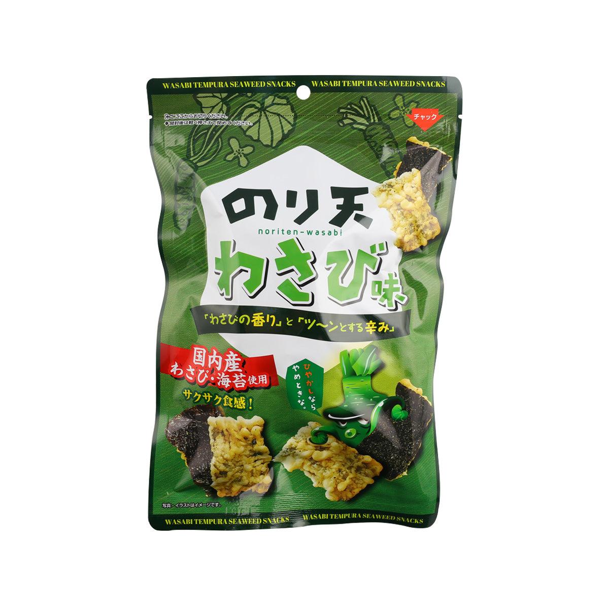 Wasabi seaweed tempura snack bag with green packaging and tempura pieces illustration