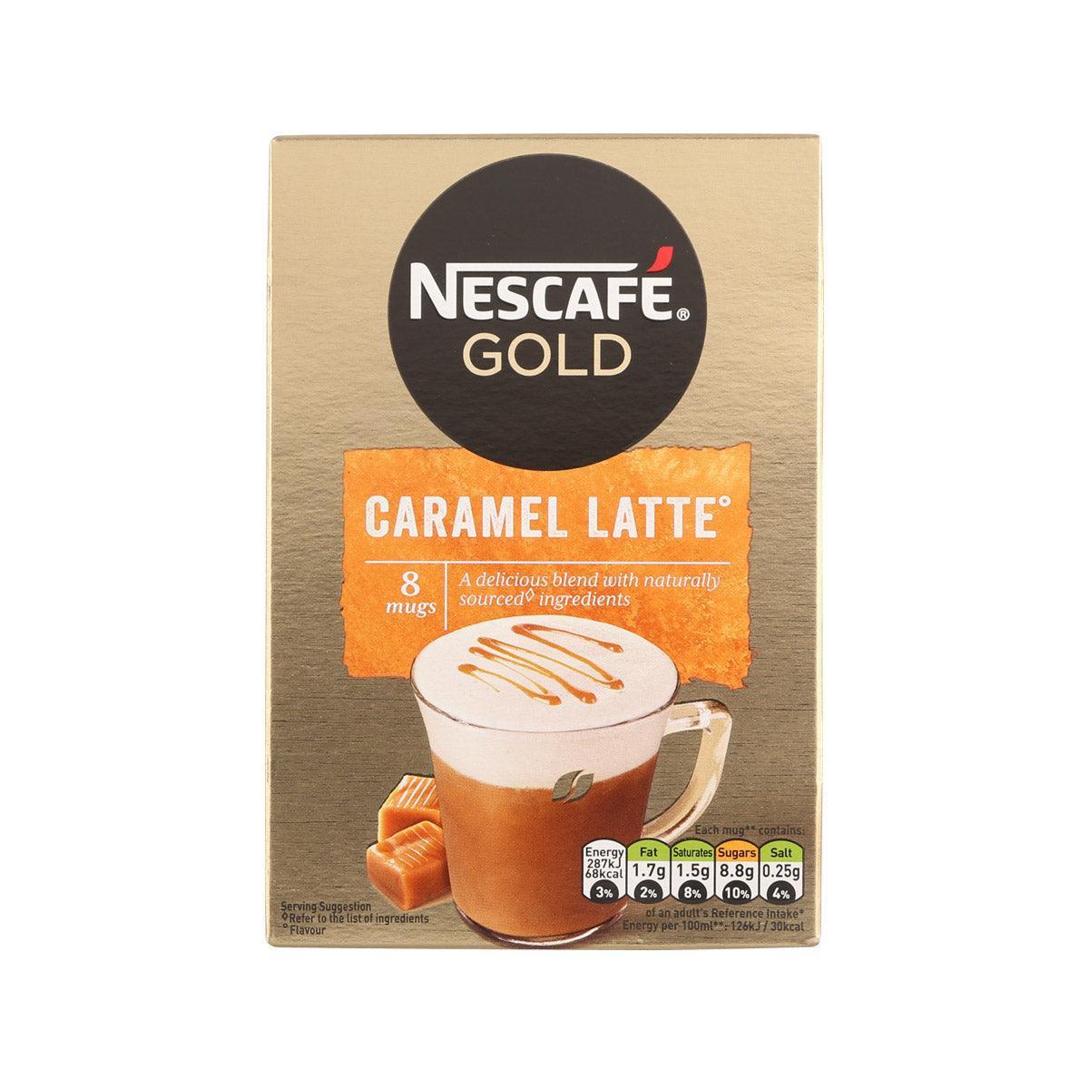 NESCAFE Gold Caramel Latte instant coffee sachet, 119 g, brown box