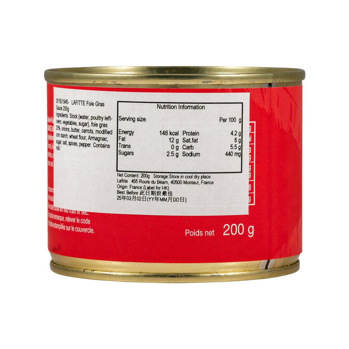LAFITTE foie gras sauce jar, back label with nutrition panel, 200 g net weight