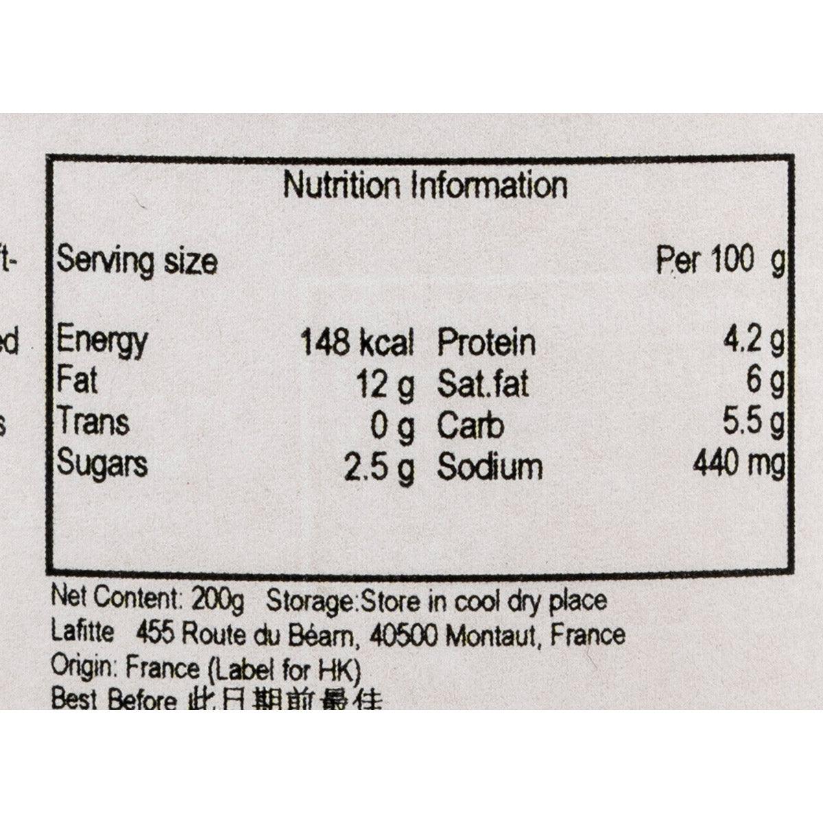Nutrition information label for LAFITTE foie gras sauce, per 100 g details