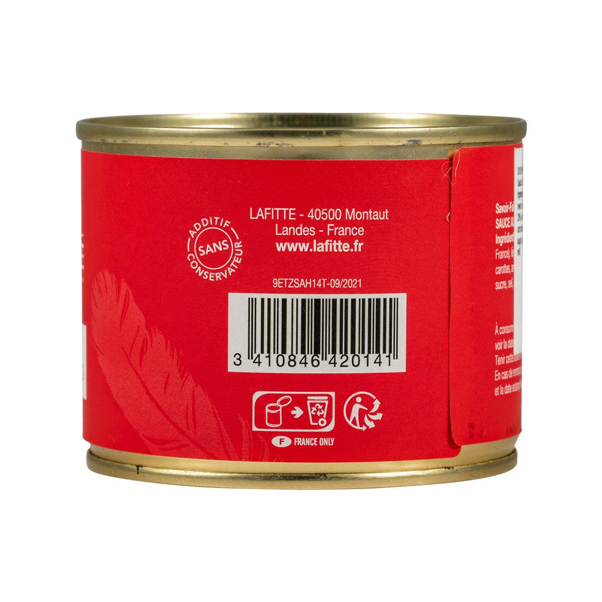 LAFITTE foie gras sauce jar, side panel with barcode and handling icons