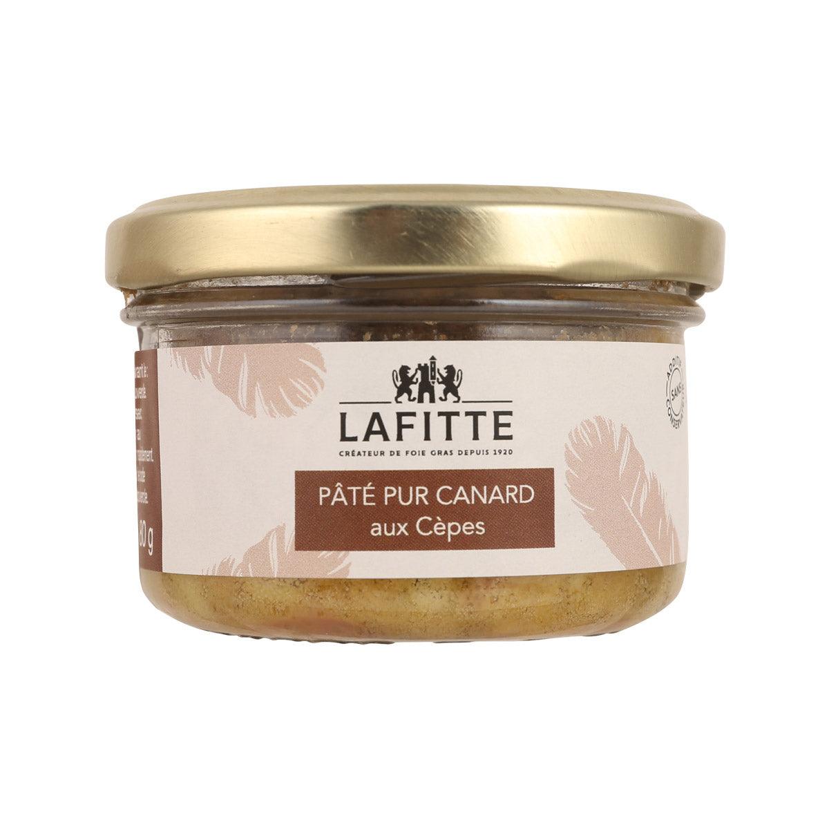 LAFITTE duck pate jar with boletus, glass container and gold lid