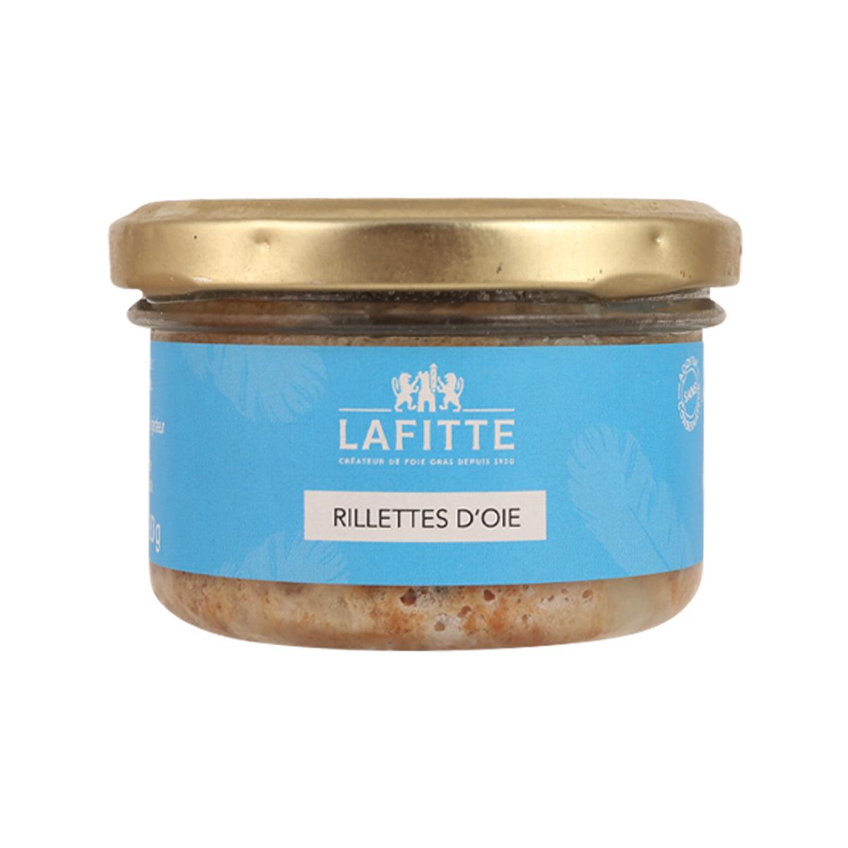 Goose rillettes jar with blue label and gold lid
