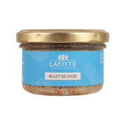 Goose rillettes jar with blue label and gold lid