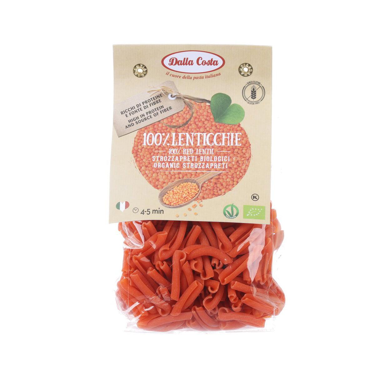 Gluten-free red lentil strozzapreti pasta in clear bag, 250g package