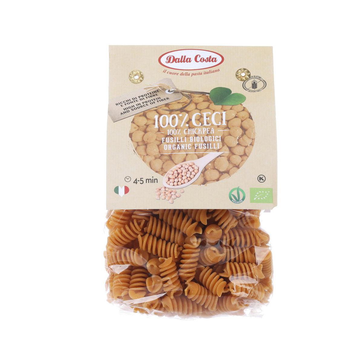 Organic chickpea fusilli pasta bag, cork-color, front label with Dalla Costa logo