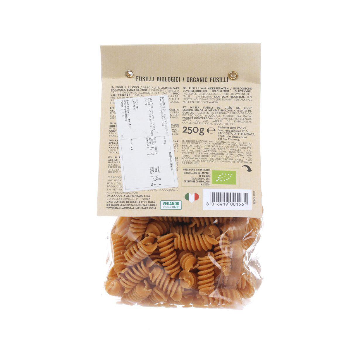 Organic chickpea fusilli pasta bag, back label with ingredients and 250g net weight
