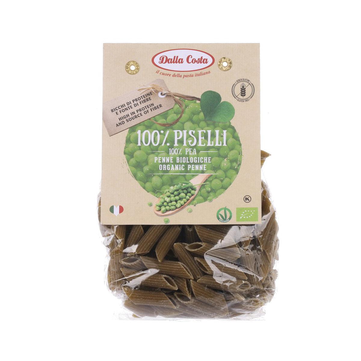 Organic gluten-free green pea penne pasta in 250g bag, with front label