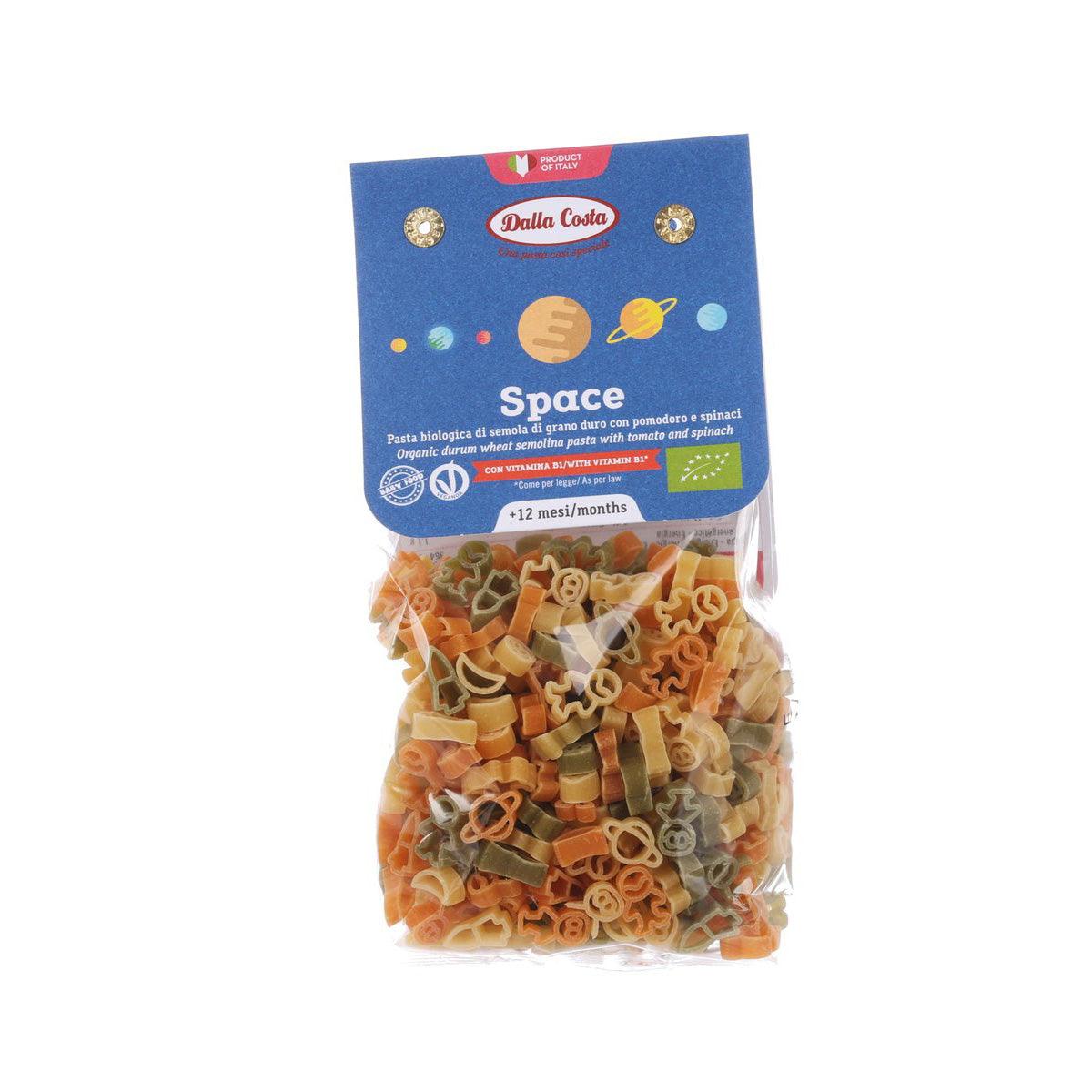 Dalla Costa organic durum wheat semolina pasta bag with tomato and spinach, space-shaped