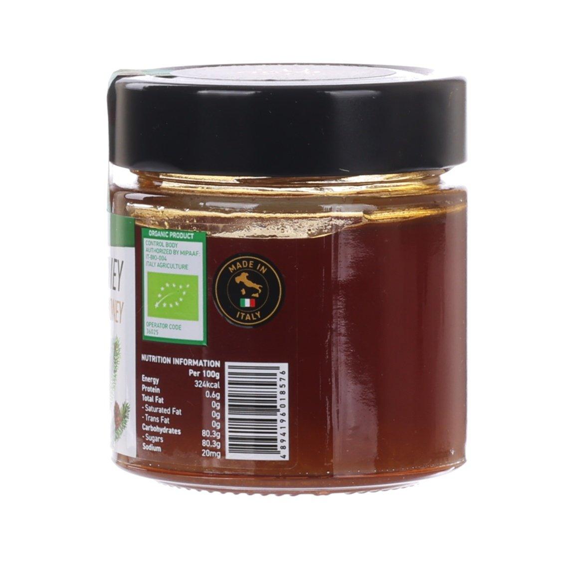 Raw forest honey jar back view with dark lid, ingredient and nutrition label